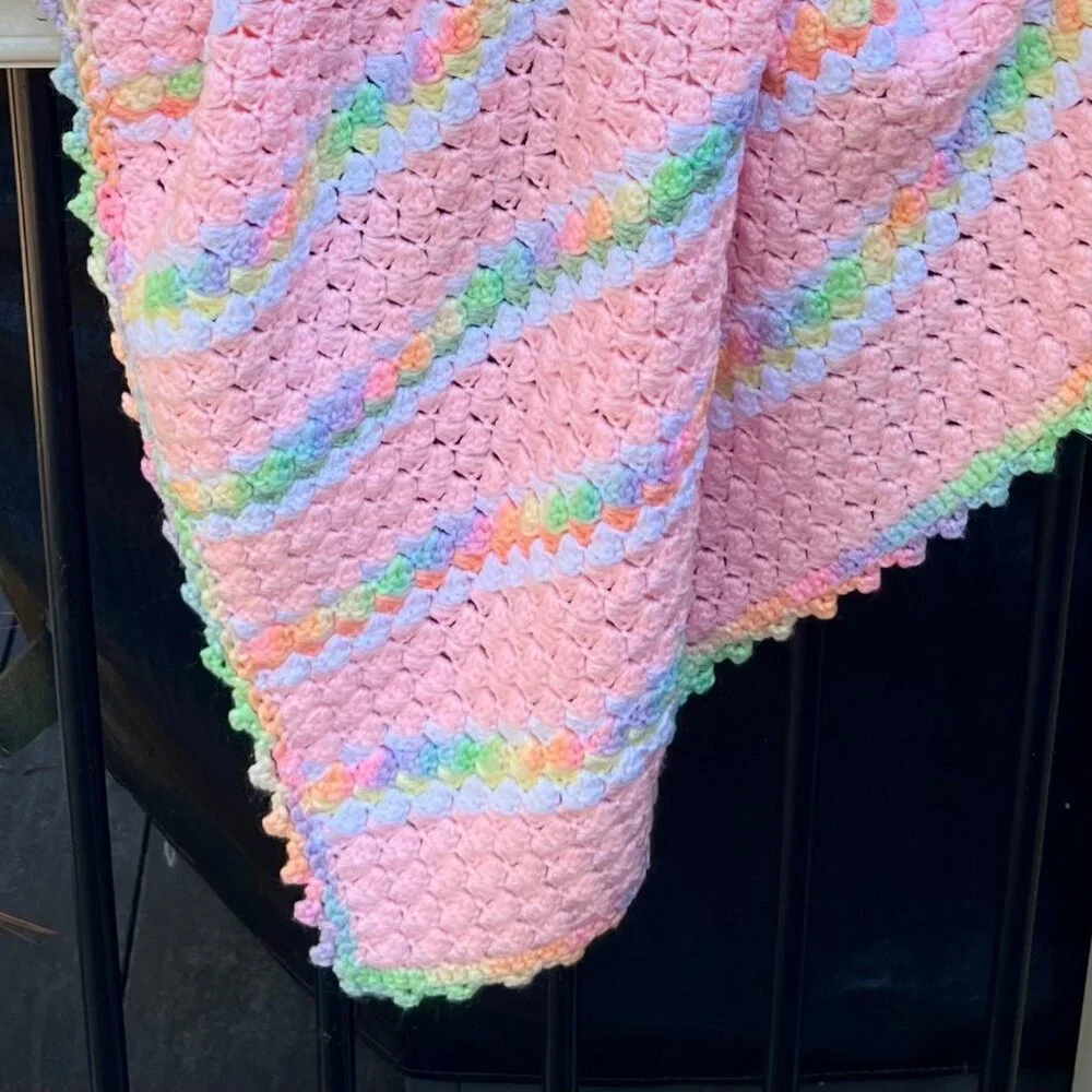 Baby Afghan Hand Crocheted 34X42 Pink Multi Color Rainbow Stripes Scalloped Edge